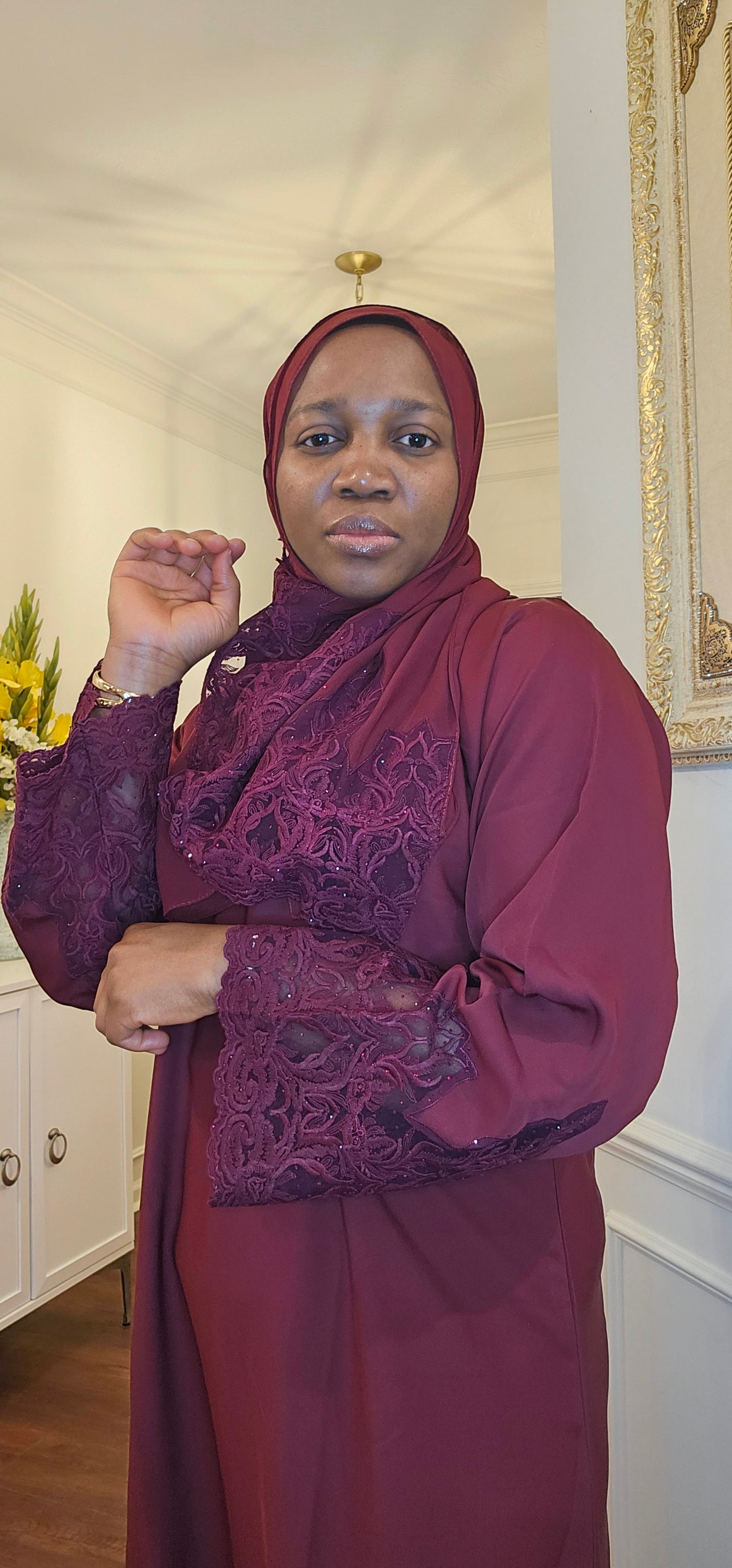Maroon Regal Lace Detailed Abaya