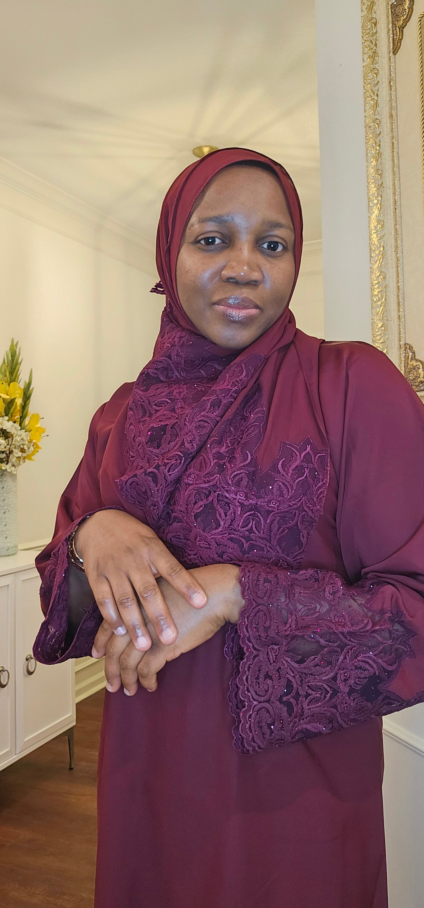 Maroon Regal Lace Detailed Abaya