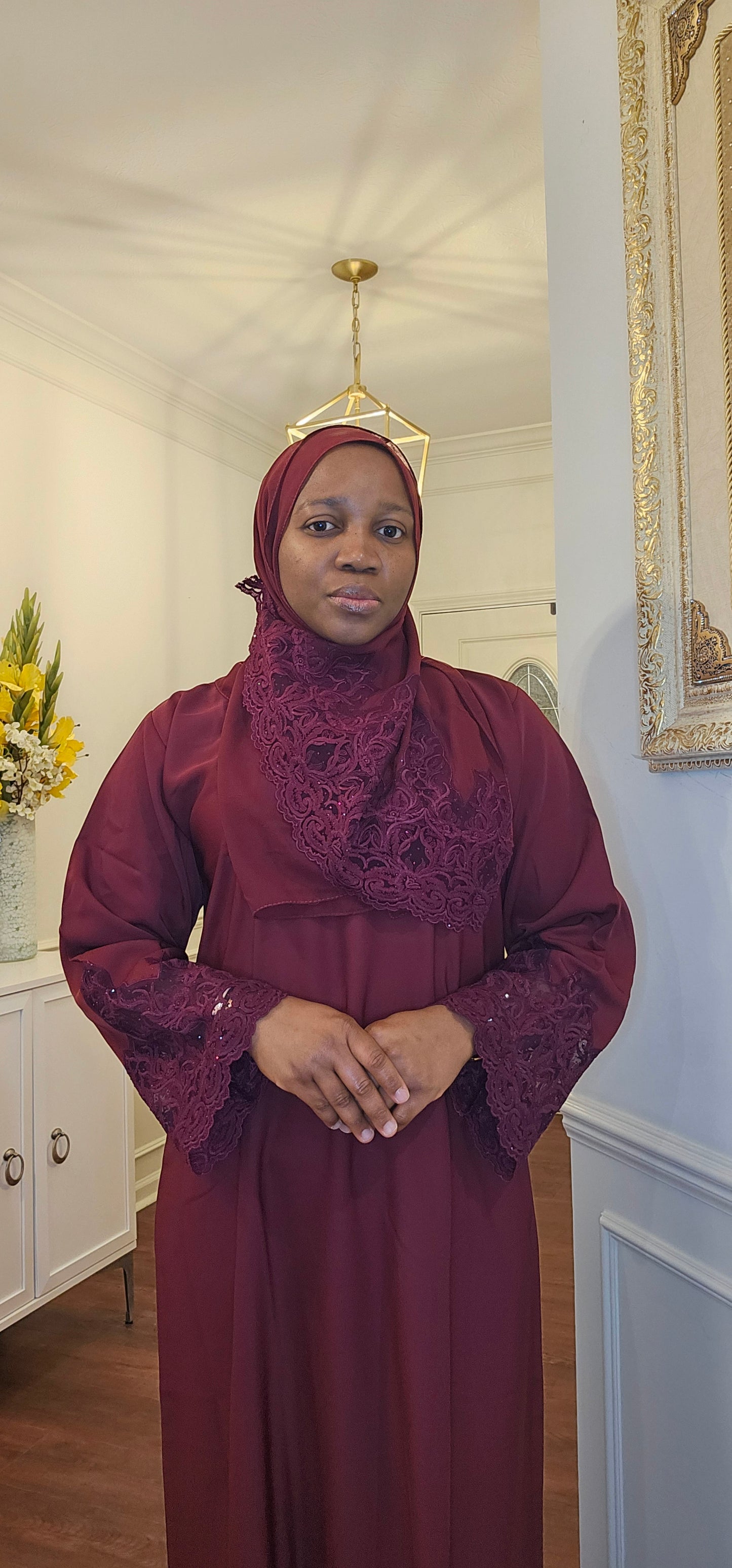 Maroon Regal Lace Detailed Abaya