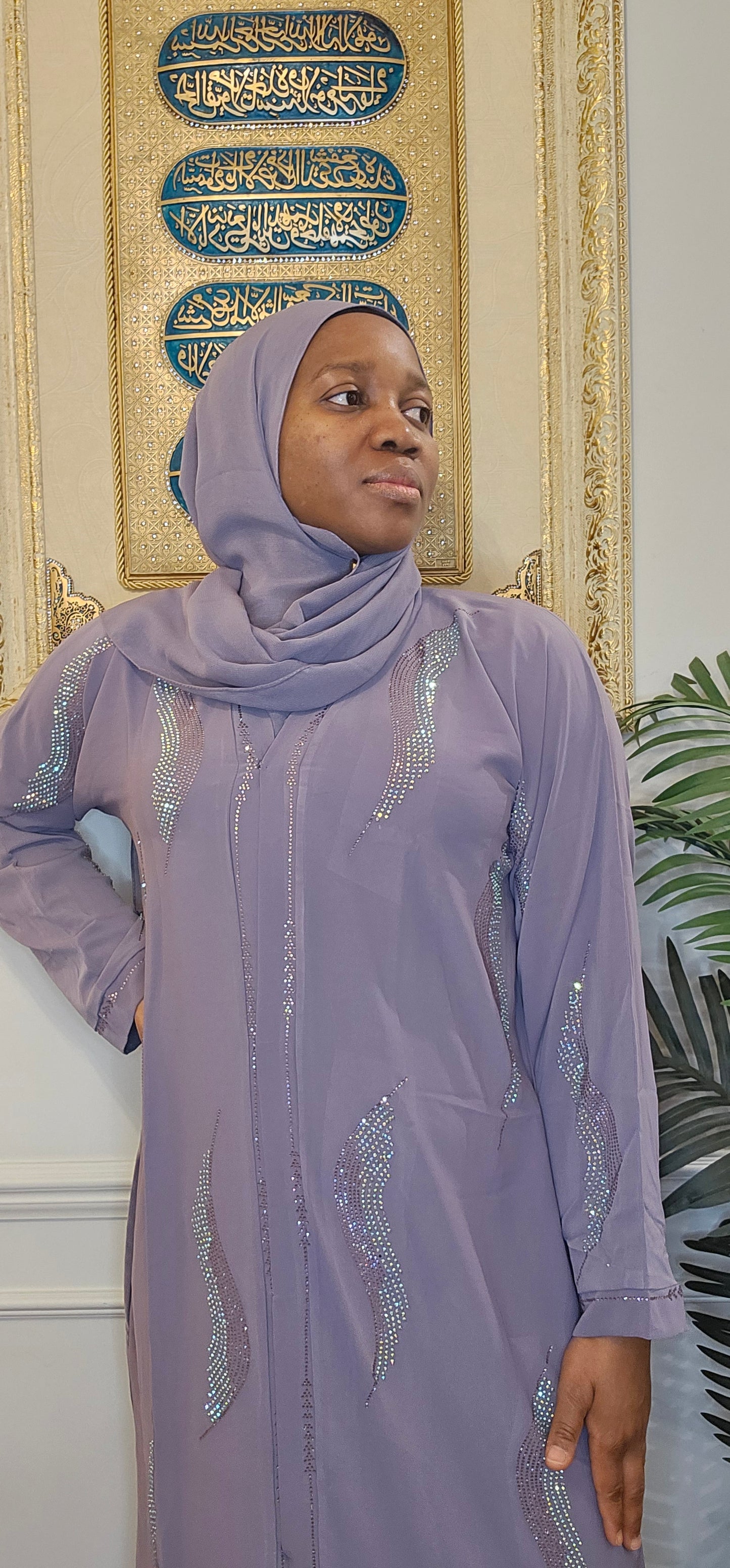 Lilac Abaya with Stonework Design