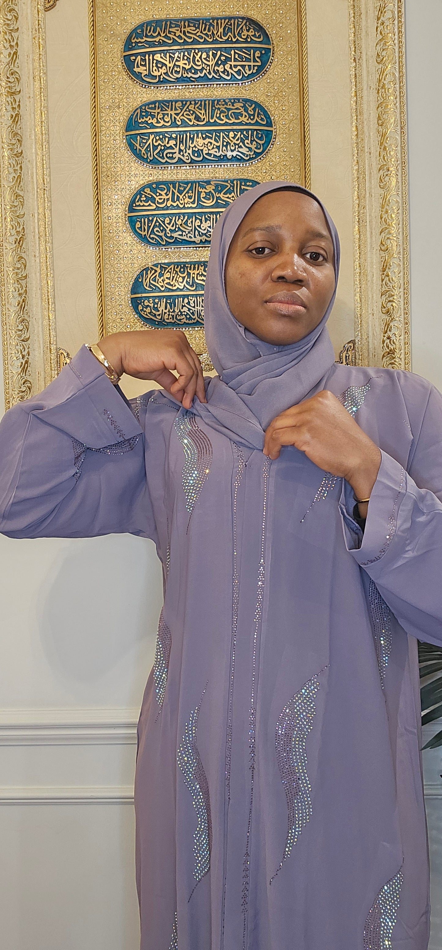 Lilac Abaya with Stonework Design