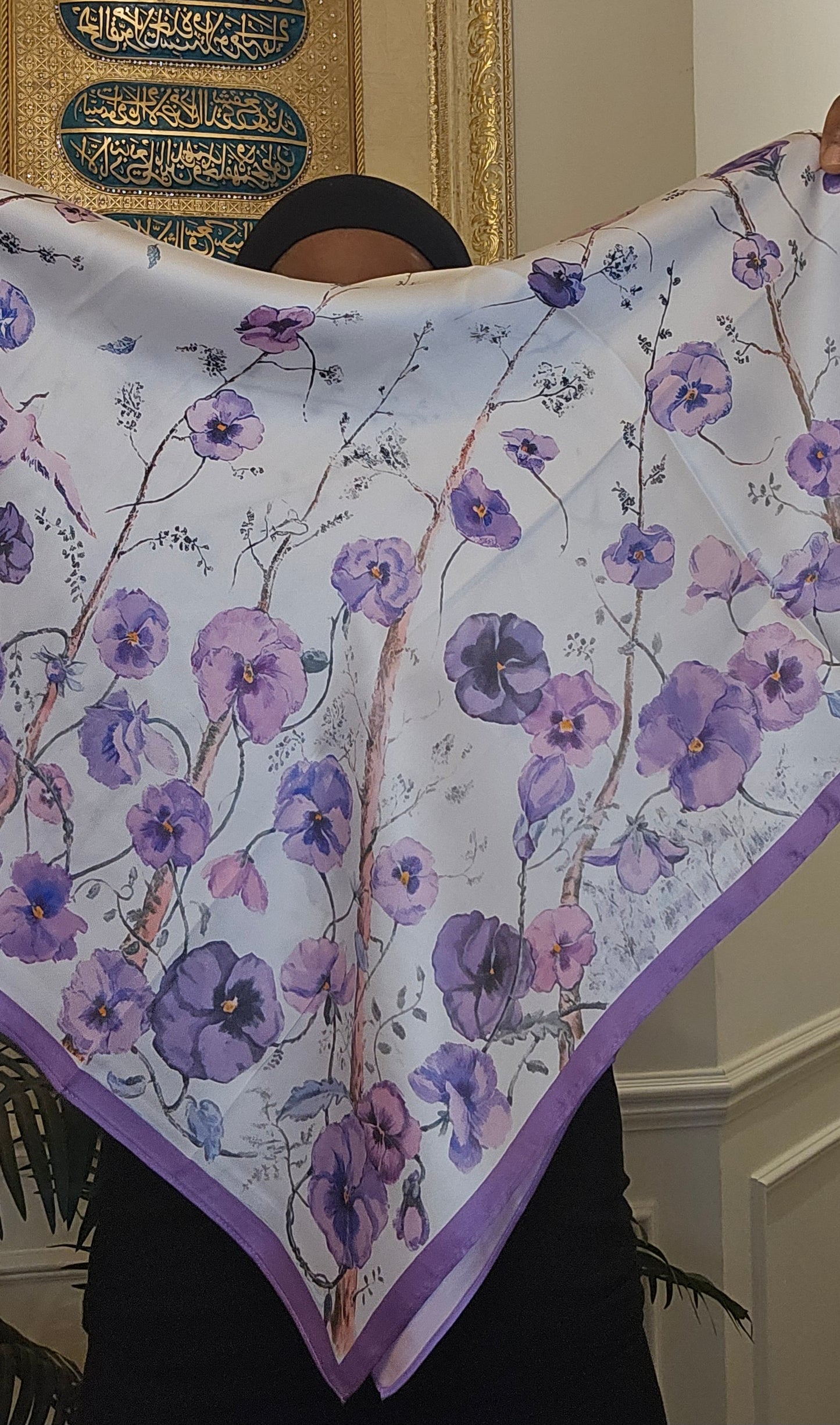 Purple Floral Twill Silk Scarf
