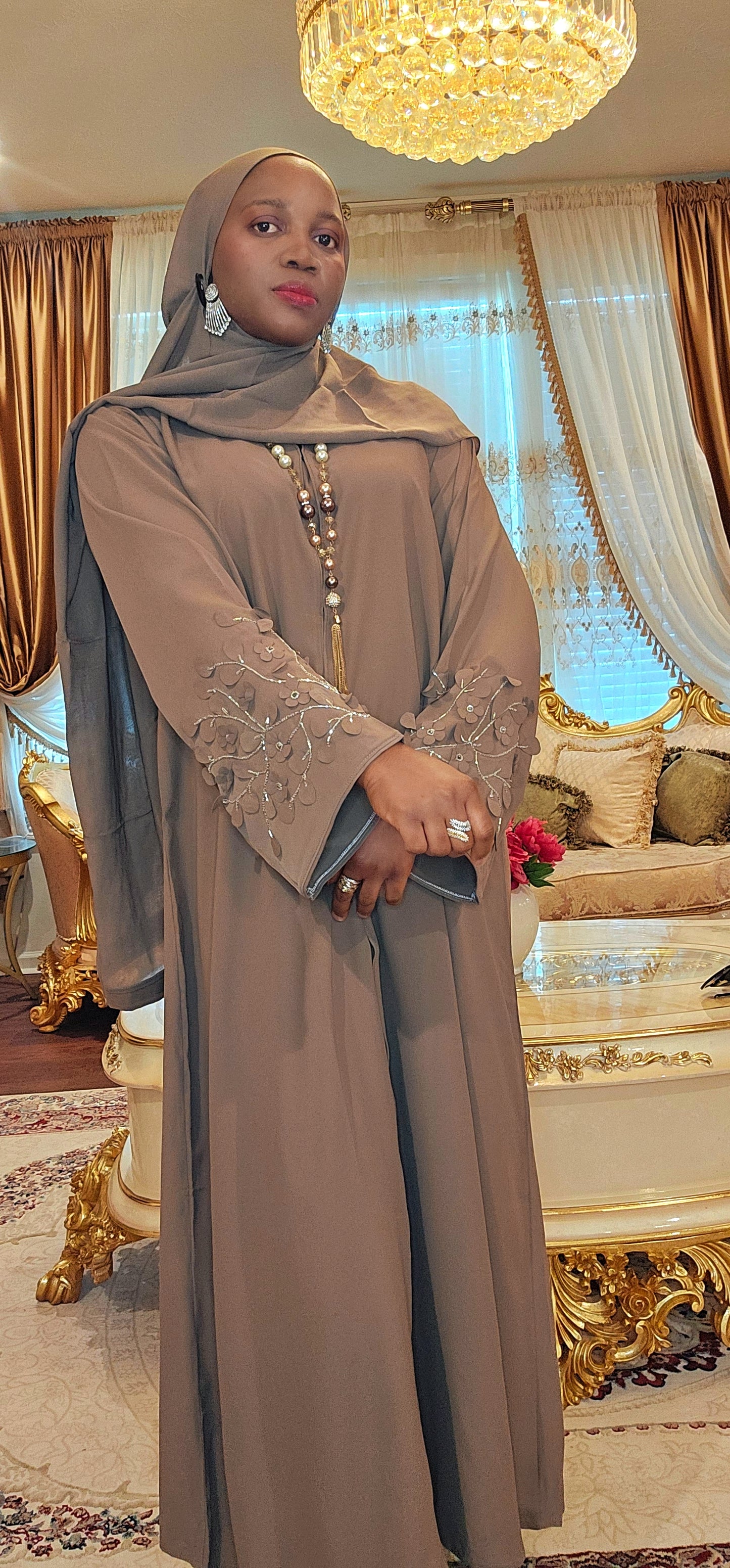 Gray Abaya with detailed sleeves