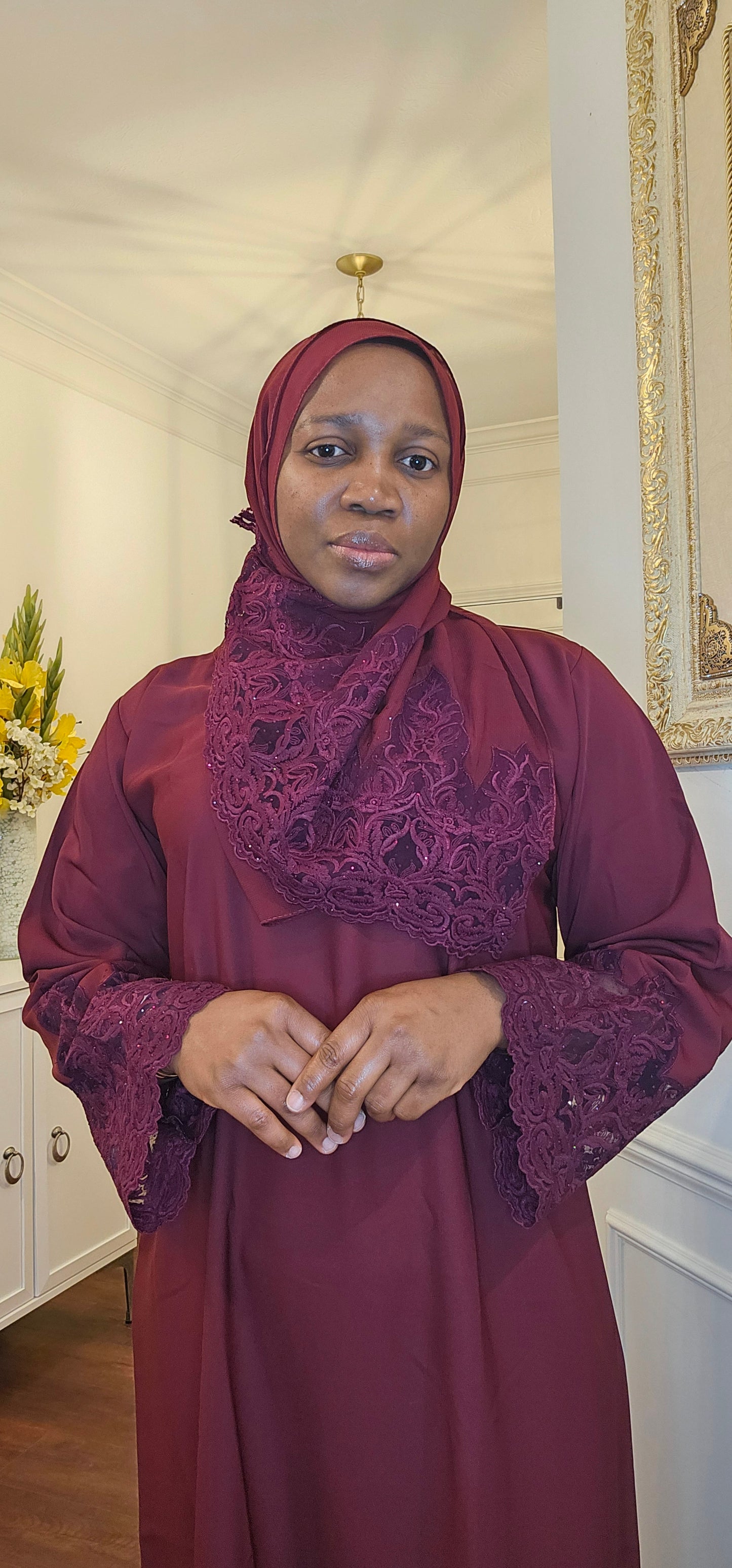 Maroon Regal Lace Detailed Abaya