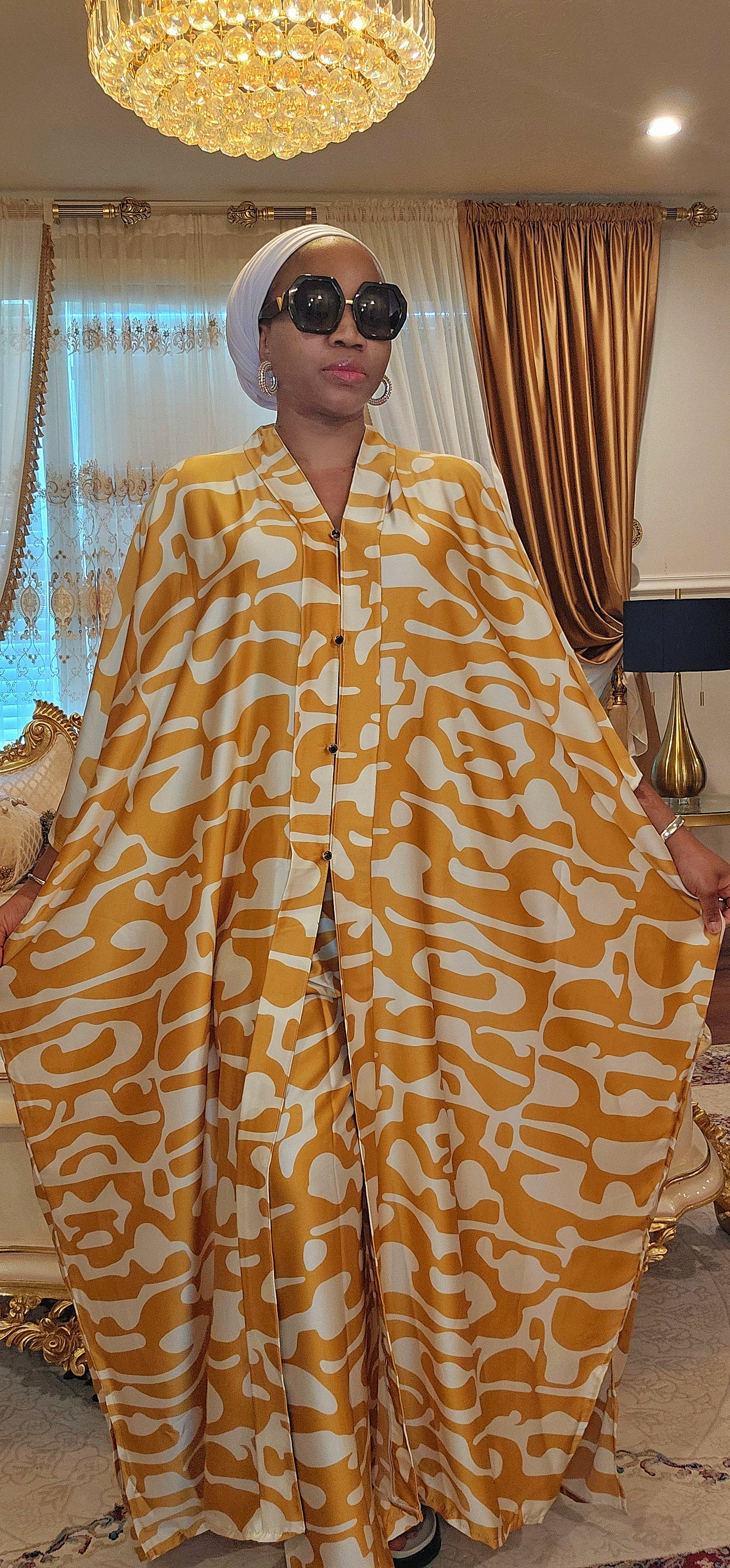 Silk print 2pcs shirt dress and pant set