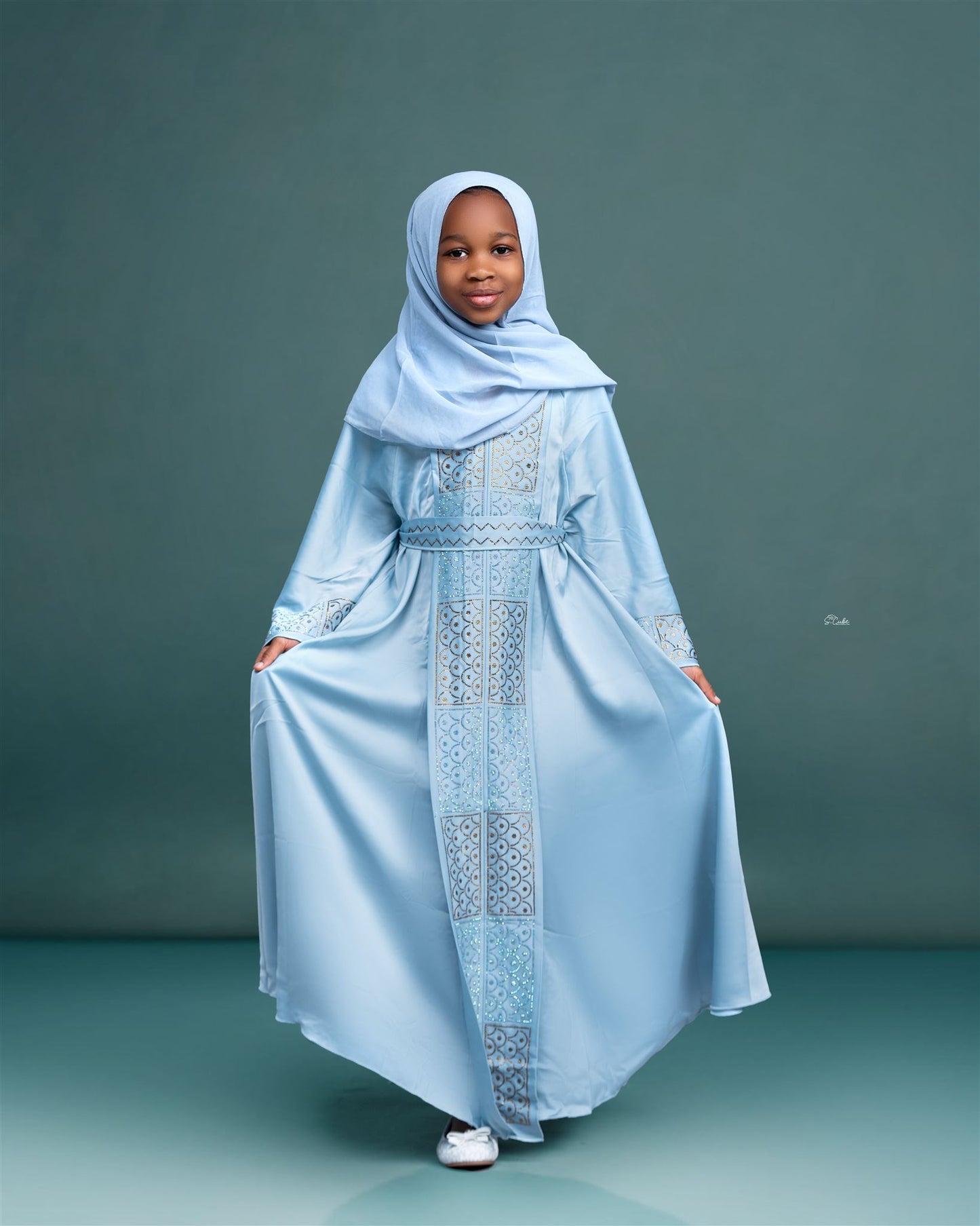 Sky Blue Embroidered Abaya for Mother and Daughter