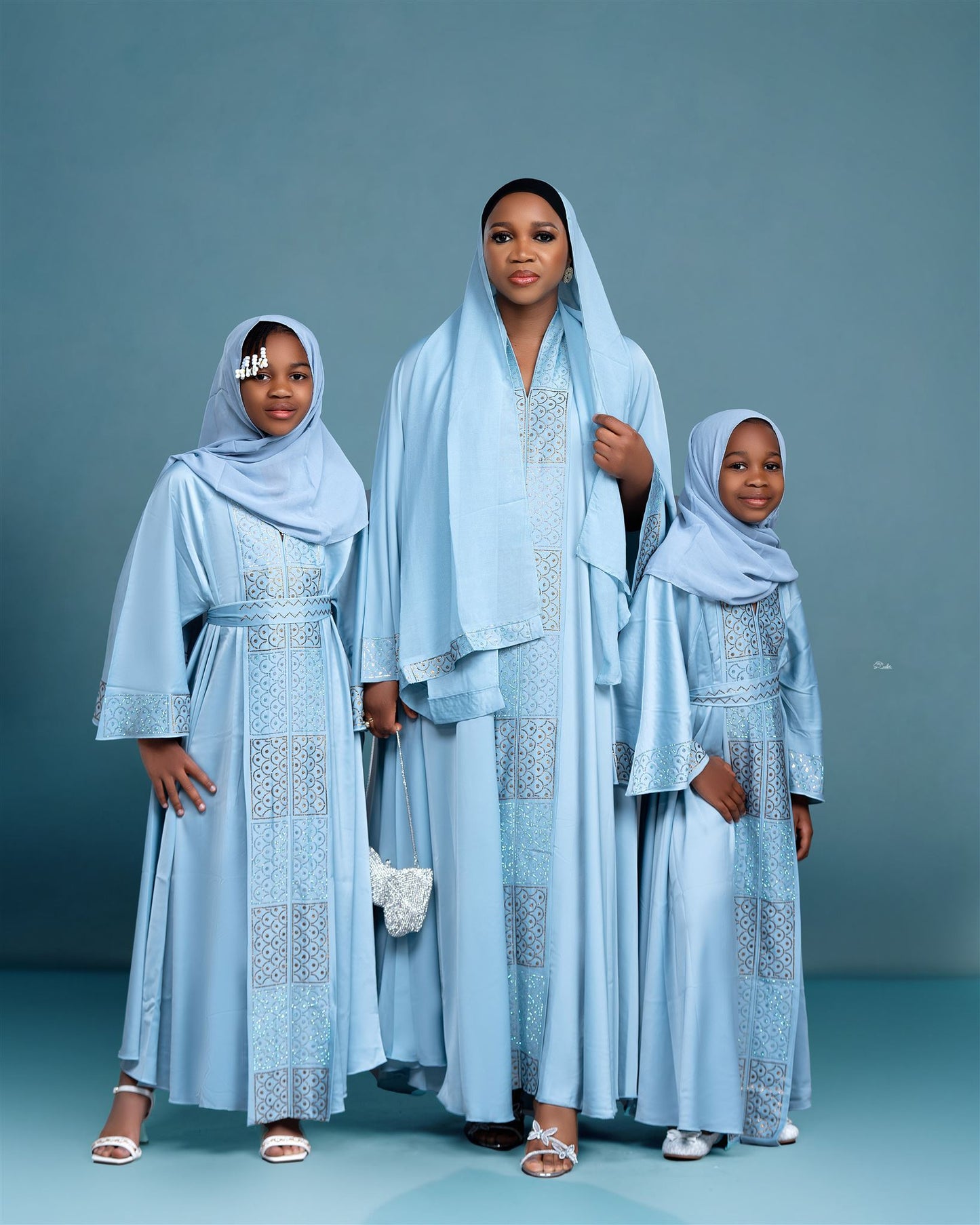 Sky Blue Embroidered Abaya for Mother and Daughter