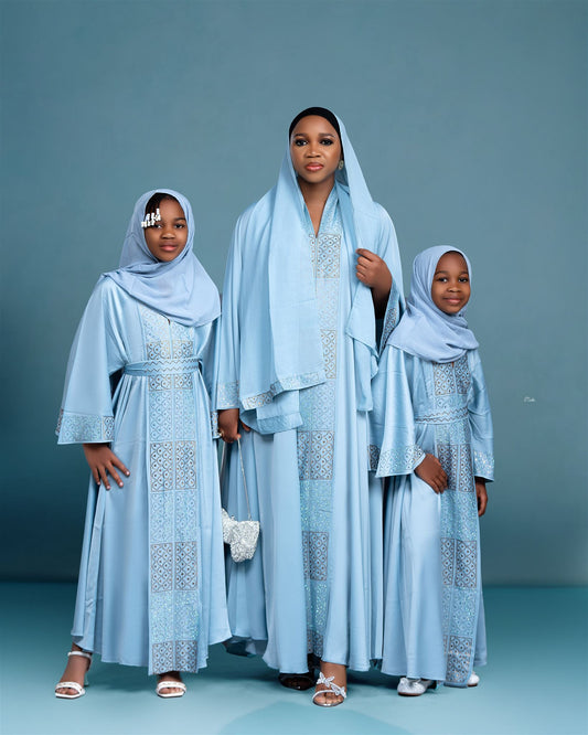 Sky Blue Embroidered Abaya for Mother and Daughter