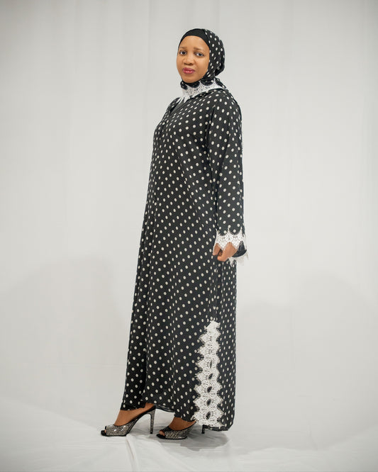 Polka dot lace trim Abaya
