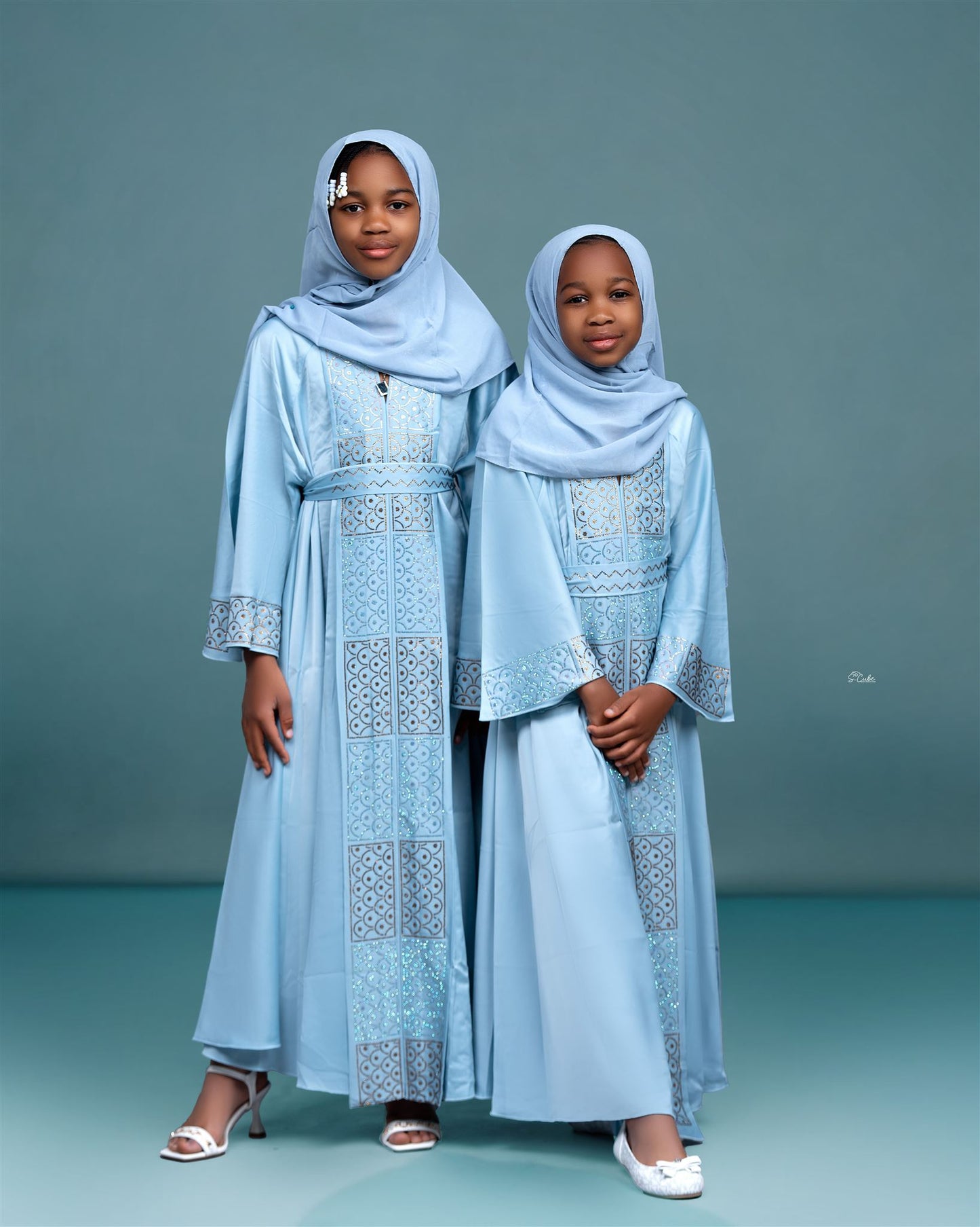 Sky Blue Embroidered Abaya for Mother and Daughter