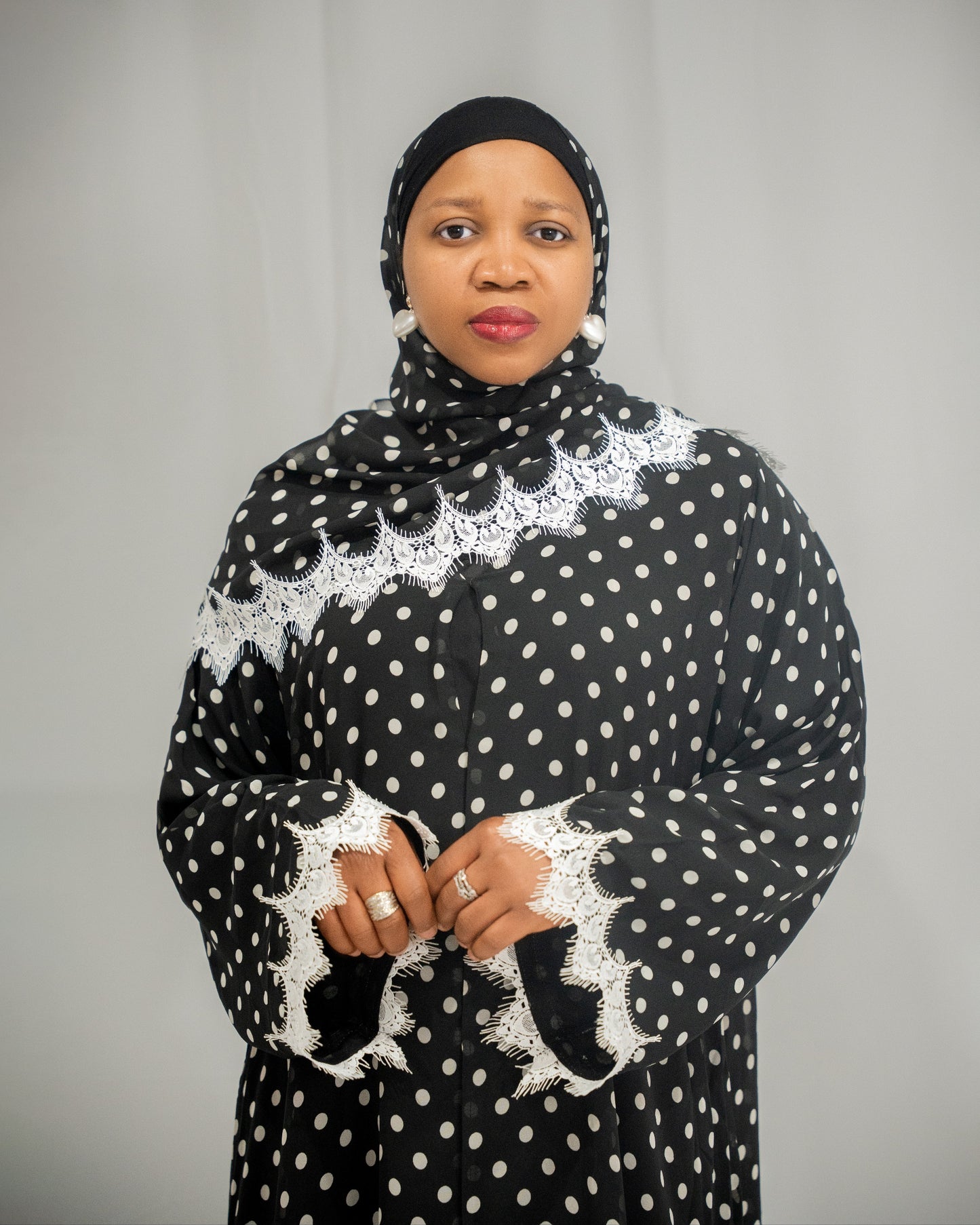 Polka dot lace trim Abaya